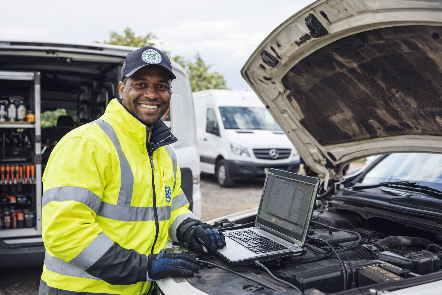 Sequoia Garage mobile mechanic performing diagnostic check with a laptop on a white vehicle in Southampton and Solent region
