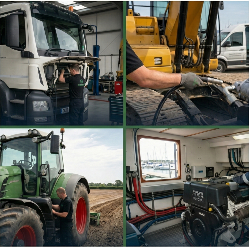 Sequoia Garage mechanics providing expert HGV truck repair, mobile plant machinery servicing, agricultural maintenance, and marine engineering in Southampton.