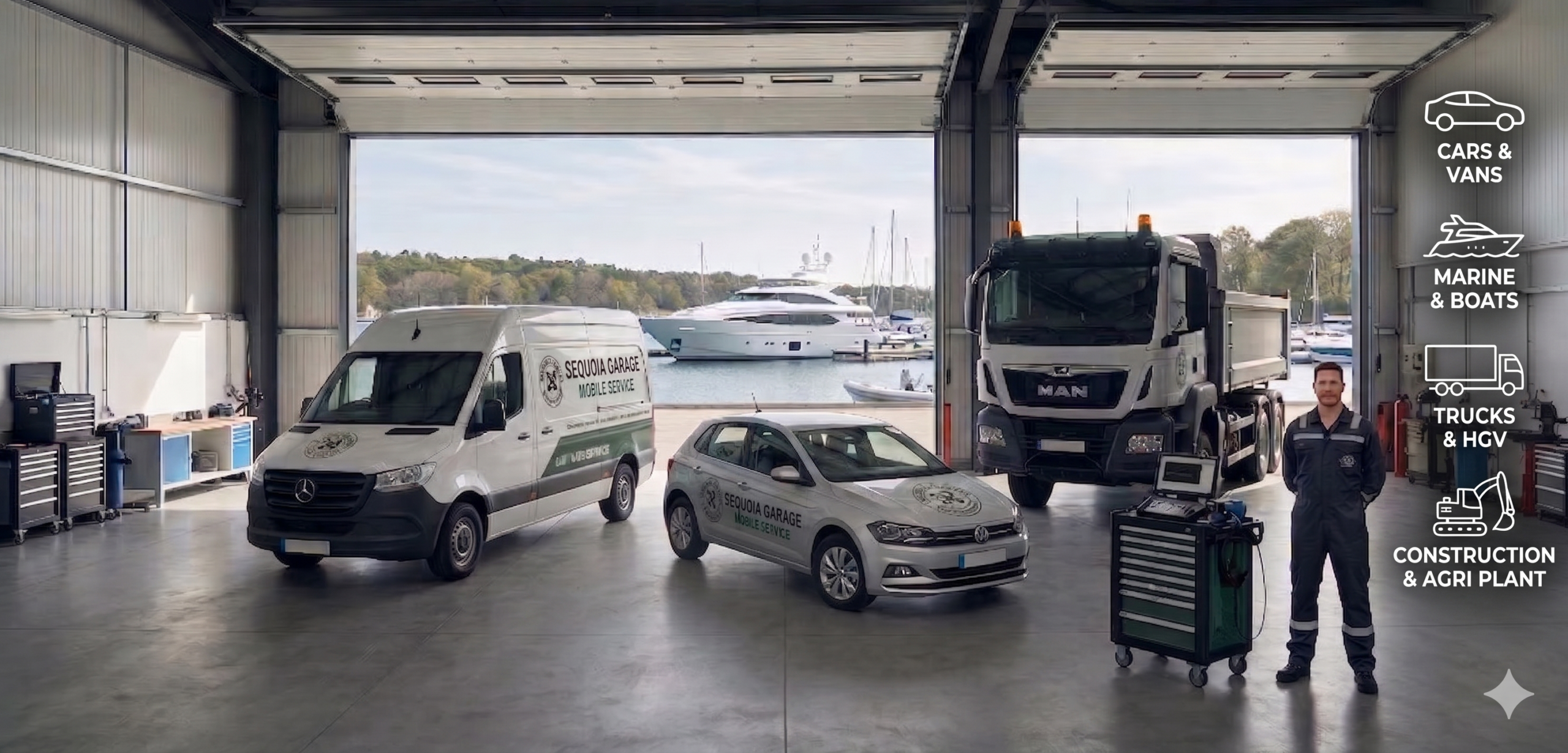 Sequoia Garage mobile mechanic workshop with service vehicles, branded vans, and heavy-duty trucks